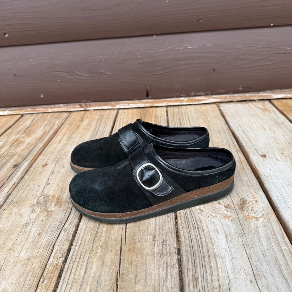 Natural Soul Clogs Womens 8M Black Suede Buckle Slip On Mules Delorean